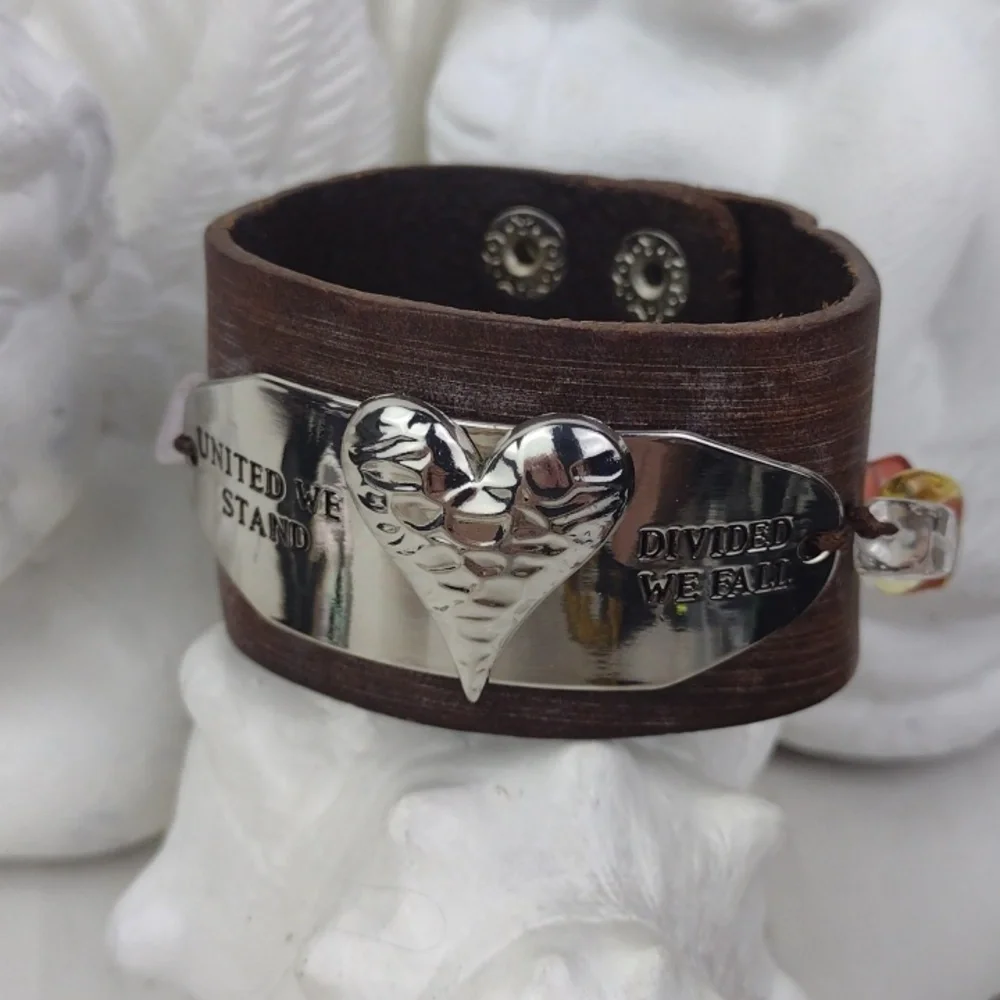 Leather Cuff Bracelet W/Crafted Hammered Silver Heart 